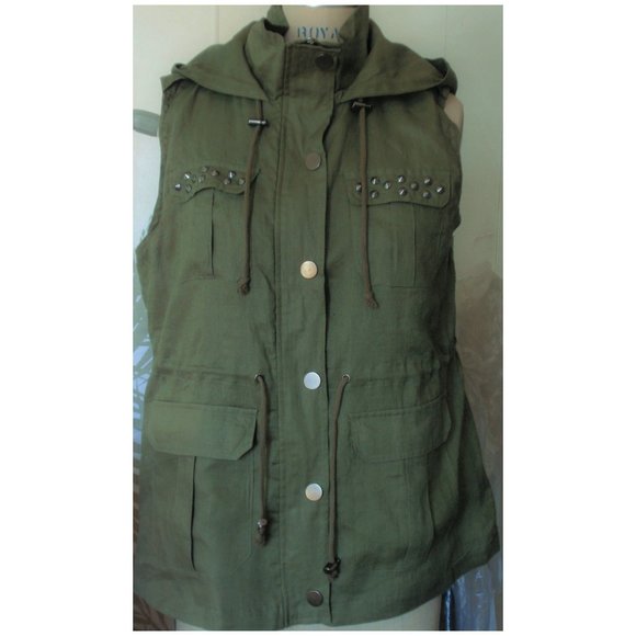 NEW OLIVE GREEN LINEN STUDDED ANORAK VEST L - Picture 5 of 10